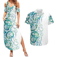 Paua Shell Maori Couples Matching Summer Maxi Dress and Hawaiian Shirt Koru Kowhaiwhai LT7 White - Polynesian Pride