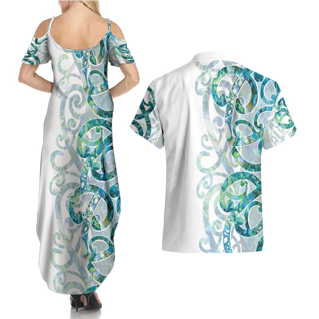 Paua Shell Maori Couples Matching Summer Maxi Dress and Hawaiian Shirt Koru Kowhaiwhai LT7 - Polynesian Pride