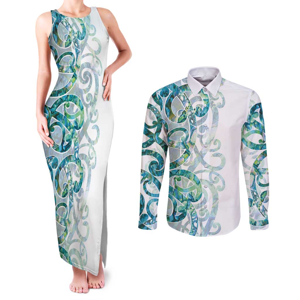 Paua Shell Maori Couples Matching Tank Maxi Dress and Long Sleeve Button Shirt Koru Kowhaiwhai - Polynesian Pride