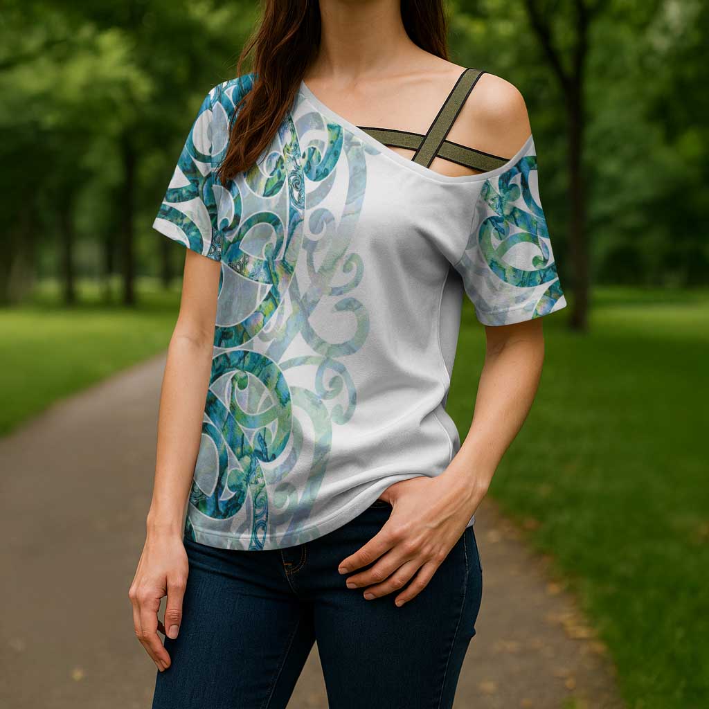 Paua Shell Maori Cross Shoulder Shirt Koru Kowhaiwhai - Polynesian Pride