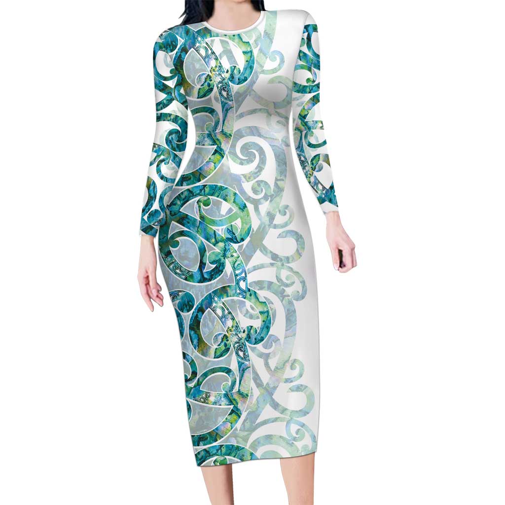 Paua Shell Maori Long Sleeve Bodycon Dress Koru Kowhaiwhai LT7 Long Dress White - Polynesian Pride