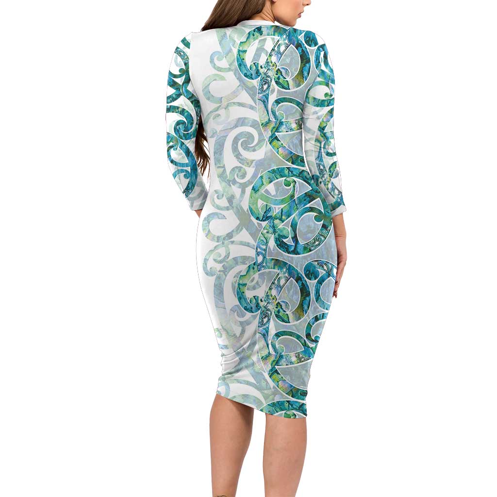 Paua Shell Maori Long Sleeve Bodycon Dress Koru Kowhaiwhai LT7 - Polynesian Pride