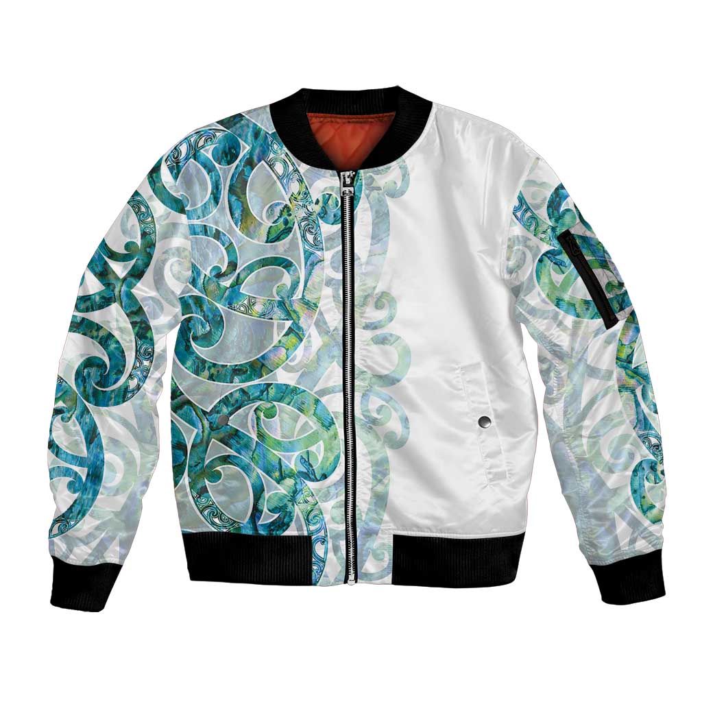 Paua Shell Maori Sleeve Zip Bomber Jacket Koru Kowhaiwhai - Polynesian Pride