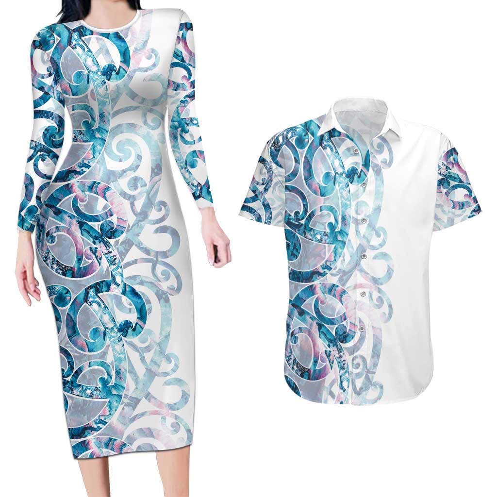 Turquoise Paua Shell Maori Couples Matching Long Sleeve Bodycon Dress and Hawaiian Shirt Koru Kowhaiwhai - Polynesian Pride