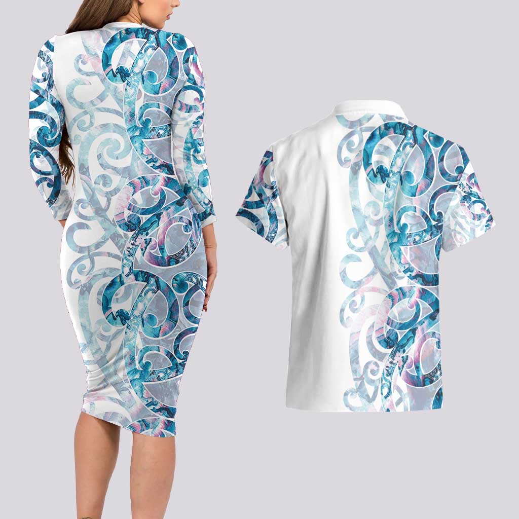 Turquoise Paua Shell Maori Couples Matching Long Sleeve Bodycon Dress and Hawaiian Shirt Koru Kowhaiwhai - Polynesian Pride