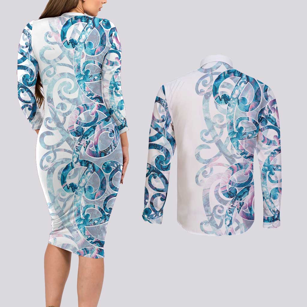 Turquoise Paua Shell Maori Couples Matching Long Sleeve Bodycon Dress and Long Sleeve Button Shirt Koru Kowhaiwhai - Polynesian Pride