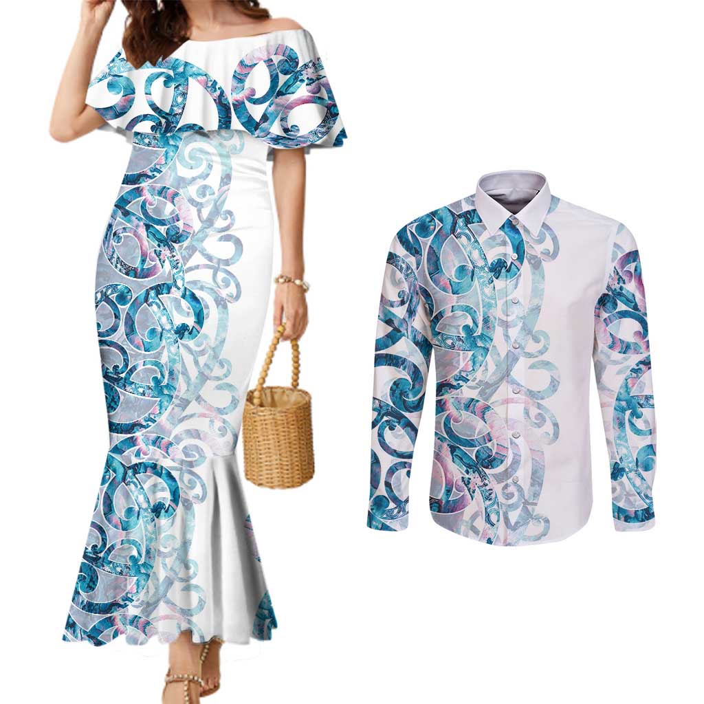 Turquoise Paua Shell Maori Couples Matching Mermaid Dress and Long Sleeve Button Shirt Koru Kowhaiwhai - Polynesian Pride