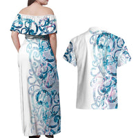 Turquoise Paua Shell Maori Couples Matching Off Shoulder Maxi Dress and Hawaiian Shirt Koru Kowhaiwhai - Polynesian Pride
