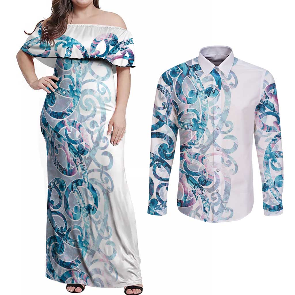 Turquoise Paua Shell Maori Couples Matching Off Shoulder Maxi Dress and Long Sleeve Button Shirt Koru Kowhaiwhai LT7 White - Polynesian Pride