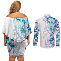 Turquoise Paua Shell Maori Couples Matching Off Shoulder Short Dress and Long Sleeve Button Shirt Koru Kowhaiwhai - Polynesian Pride
