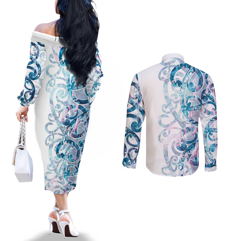 Turquoise Paua Shell Maori Couples Matching Off The Shoulder Long Sleeve Dress and Long Sleeve Button Shirt Koru Kowhaiwhai - Polynesian Pride