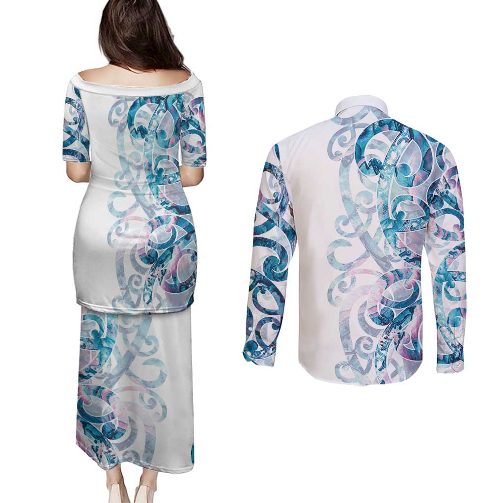 Turquoise Paua Shell Maori Couples Matching Puletasi and Long Sleeve Button Shirt Koru Kowhaiwhai - Polynesian Pride