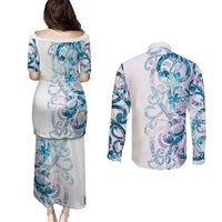 Turquoise Paua Shell Maori Couples Matching Puletasi and Long Sleeve Button Shirt Koru Kowhaiwhai - Polynesian Pride