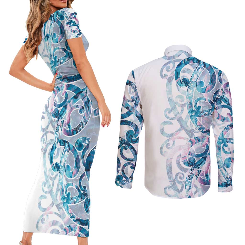 Turquoise Paua Shell Maori Couples Matching Short Sleeve Bodycon Dress and Long Sleeve Button Shirt Koru Kowhaiwhai - Polynesian Pride