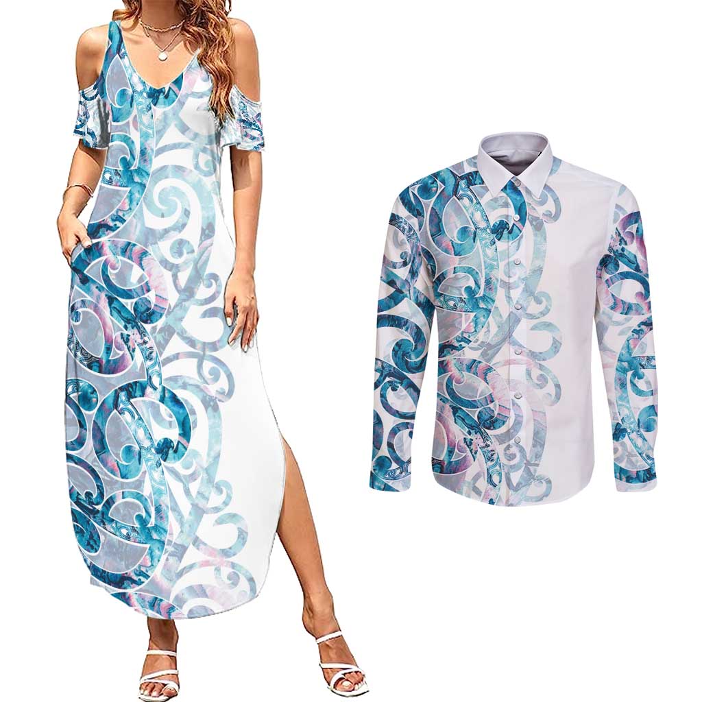 Turquoise Paua Shell Maori Couples Matching Summer Maxi Dress and Long Sleeve Button Shirt Koru Kowhaiwhai - Polynesian Pride