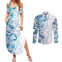 Turquoise Paua Shell Maori Couples Matching Summer Maxi Dress and Long Sleeve Button Shirt Koru Kowhaiwhai - Polynesian Pride