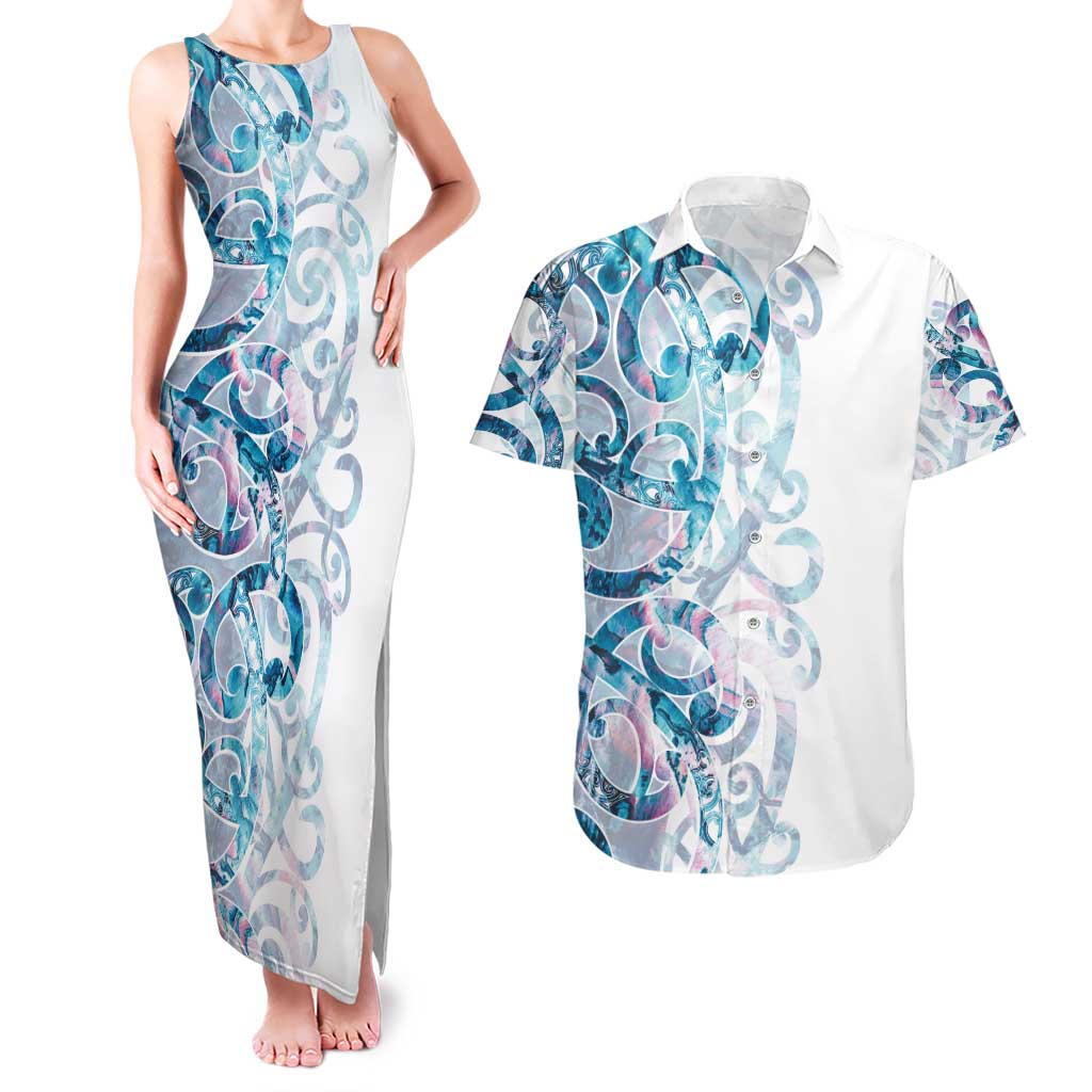 Turquoise Paua Shell Maori Couples Matching Tank Maxi Dress and Hawaiian Shirt Koru Kowhaiwhai - Polynesian Pride