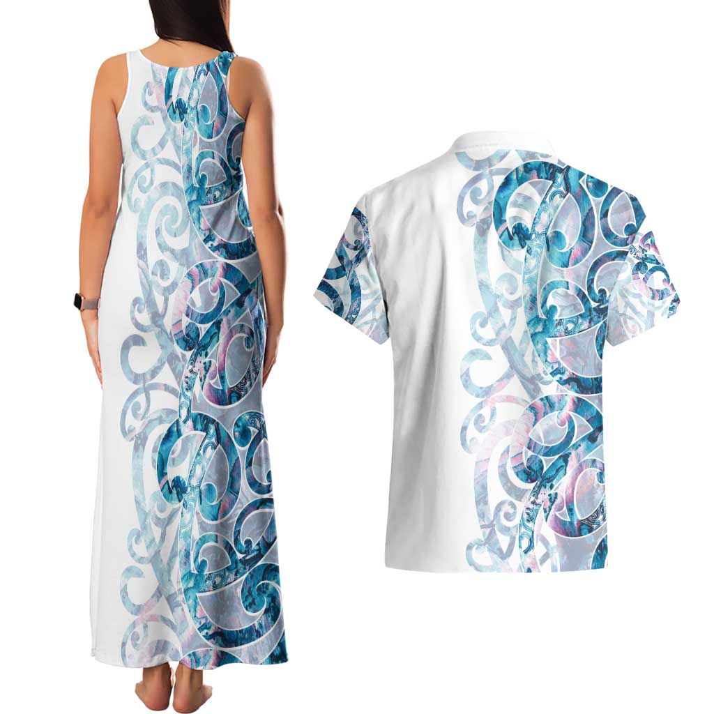 Turquoise Paua Shell Maori Couples Matching Tank Maxi Dress and Hawaiian Shirt Koru Kowhaiwhai - Polynesian Pride