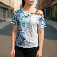 Turquoise Paua Shell Maori Cross Shoulder Shirt Koru Kowhaiwhai - Polynesian Pride