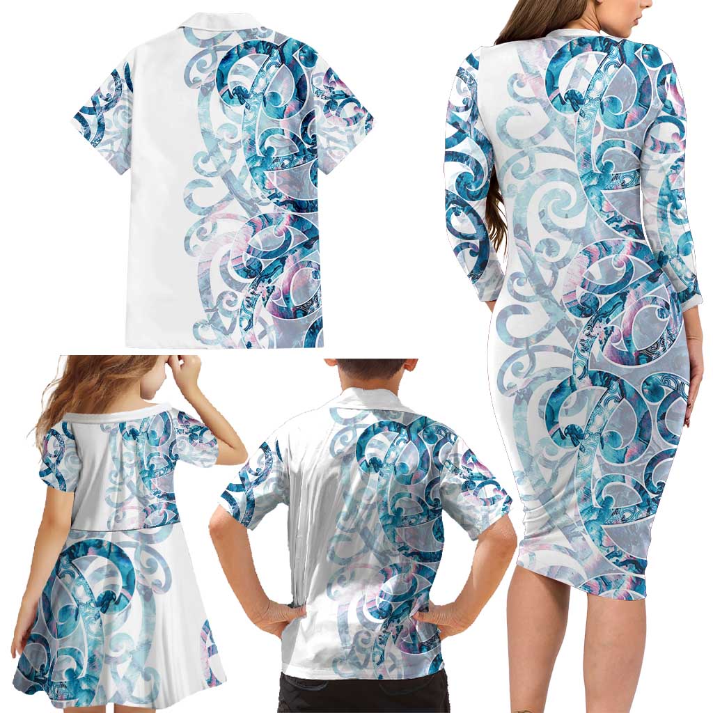 Turquoise Paua Shell Maori Family Matching Long Sleeve Bodycon Dress and Hawaiian Shirt Koru Kowhaiwhai - Polynesian Pride