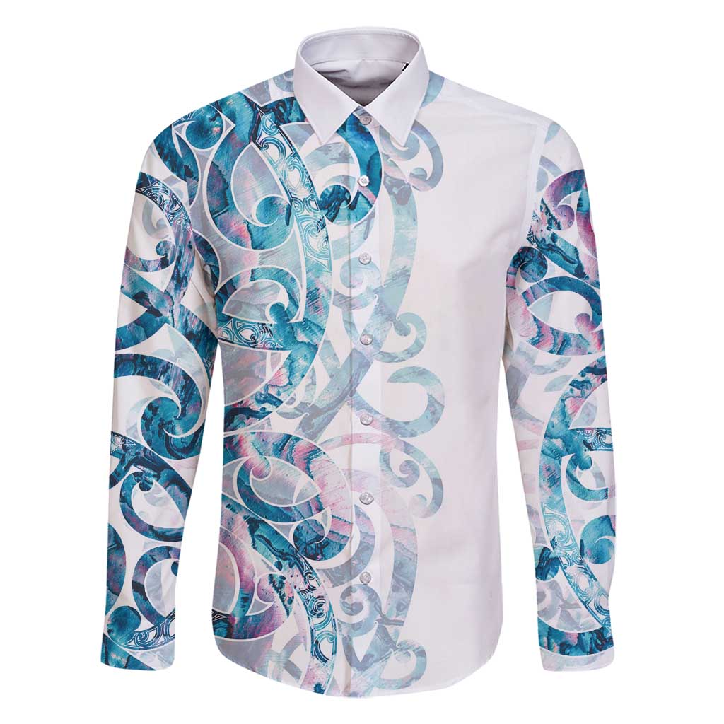 Turquoise Paua Shell Maori Family Matching Long Sleeve Bodycon Dress and Hawaiian Shirt Koru Kowhaiwhai - Polynesian Pride