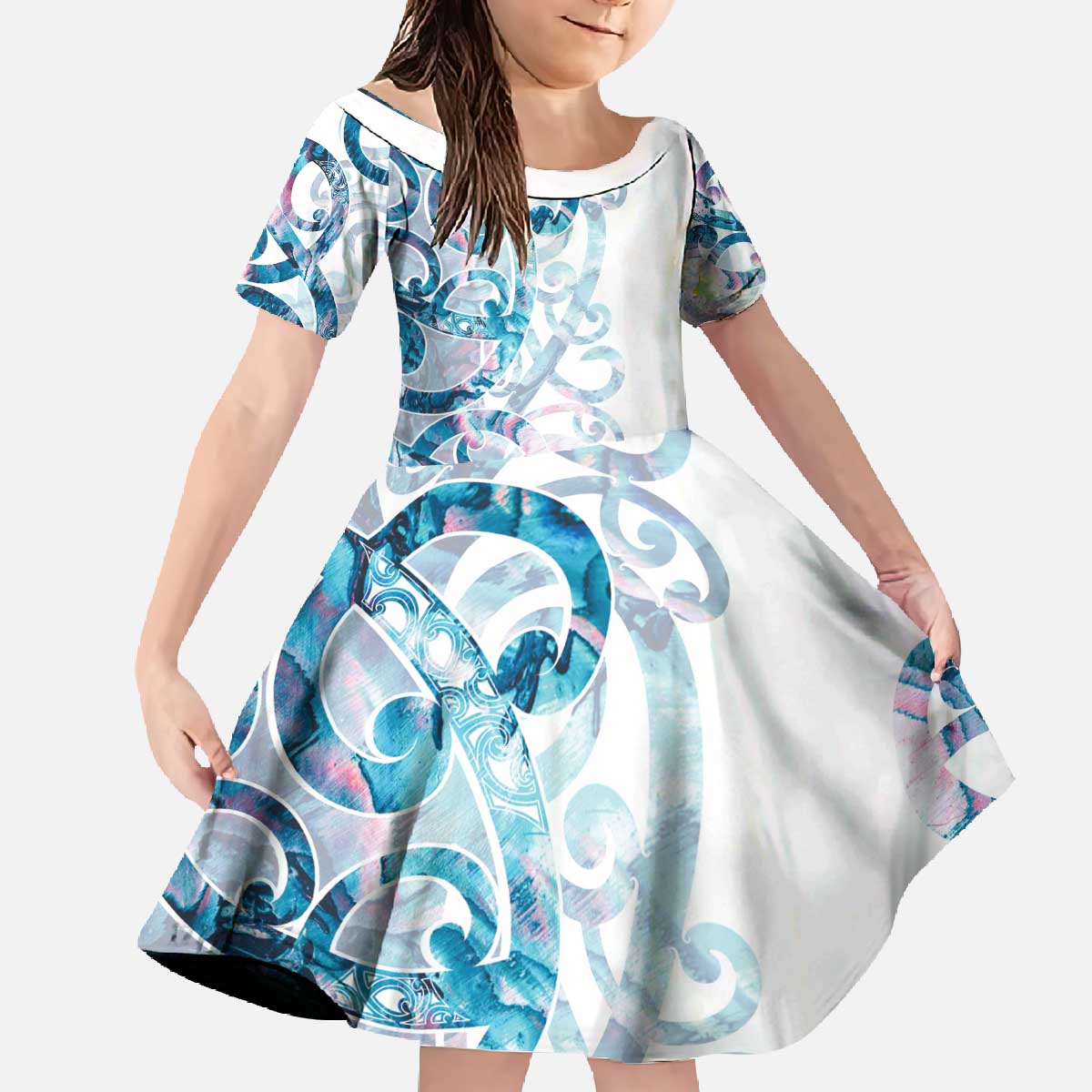 Turquoise Paua Shell Maori Family Matching Off The Shoulder Long Sleeve Dress and Hawaiian Shirt Koru Kowhaiwhai - Polynesian Pride