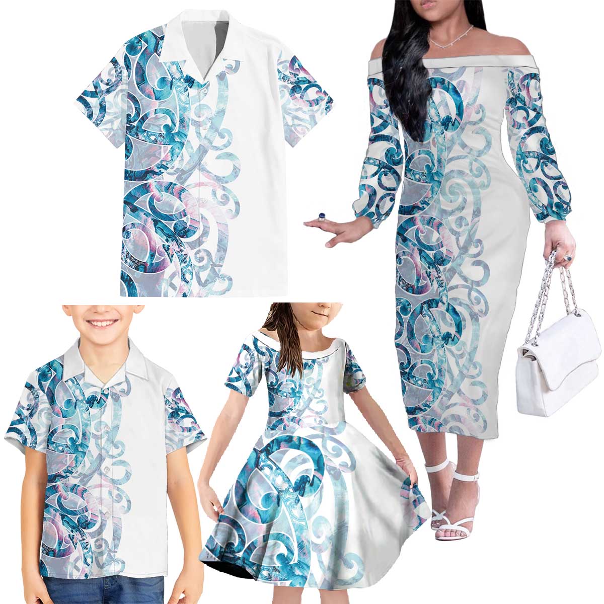 Turquoise Paua Shell Maori Family Matching Off The Shoulder Long Sleeve Dress and Hawaiian Shirt Koru Kowhaiwhai - Polynesian Pride