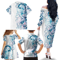 Turquoise Paua Shell Maori Family Matching Off The Shoulder Long Sleeve Dress and Hawaiian Shirt Koru Kowhaiwhai - Polynesian Pride