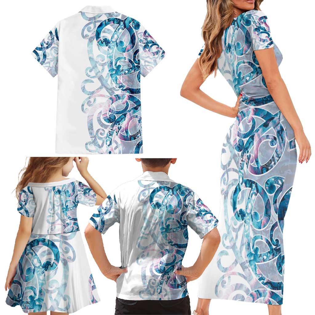 Turquoise Paua Shell Maori Family Matching Short Sleeve Bodycon Dress and Hawaiian Shirt Koru Kowhaiwhai - Polynesian Pride