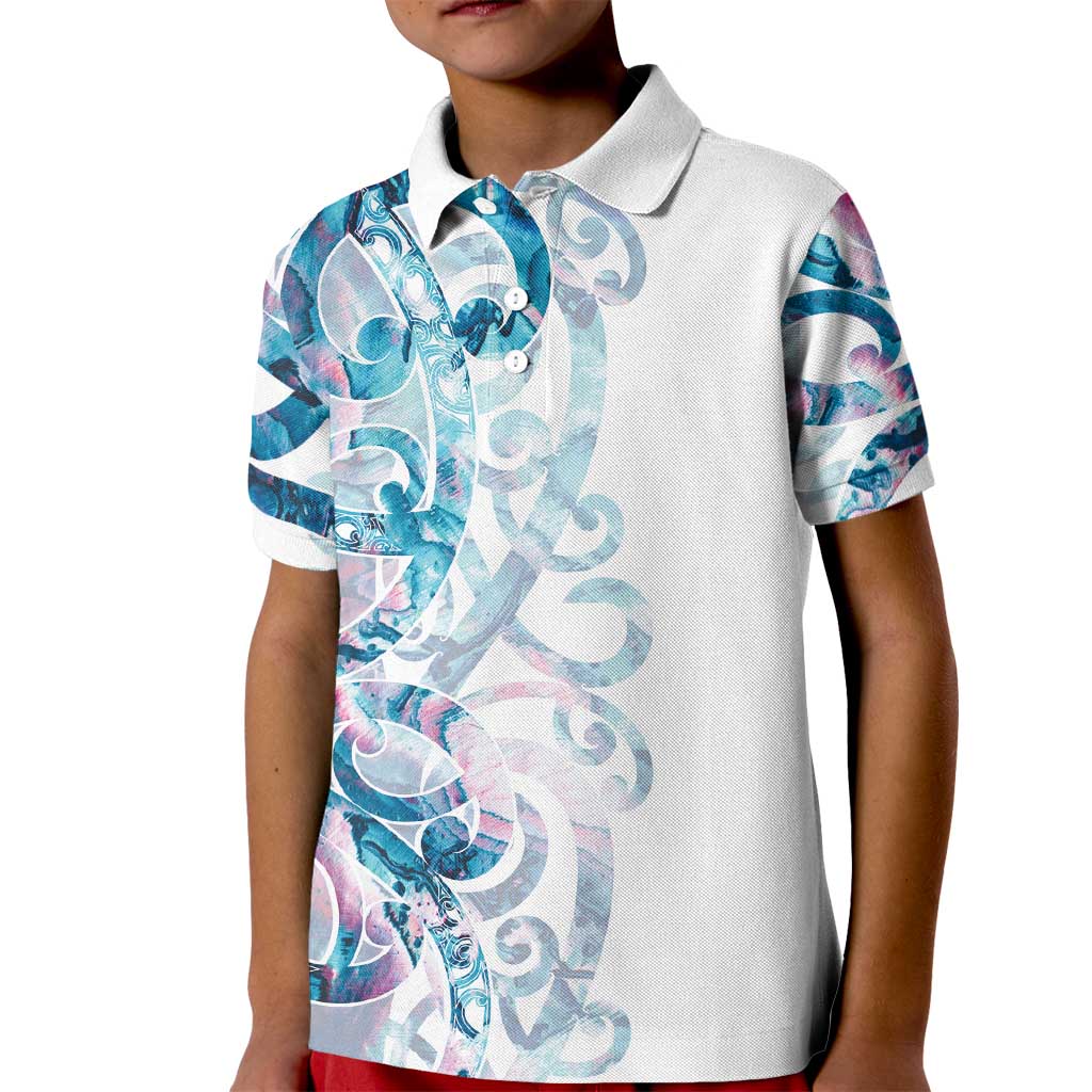 Turquoise Paua Shell Maori Kid Polo Shirt Koru Kowhaiwhai LT7 Kid White - Polynesian Pride
