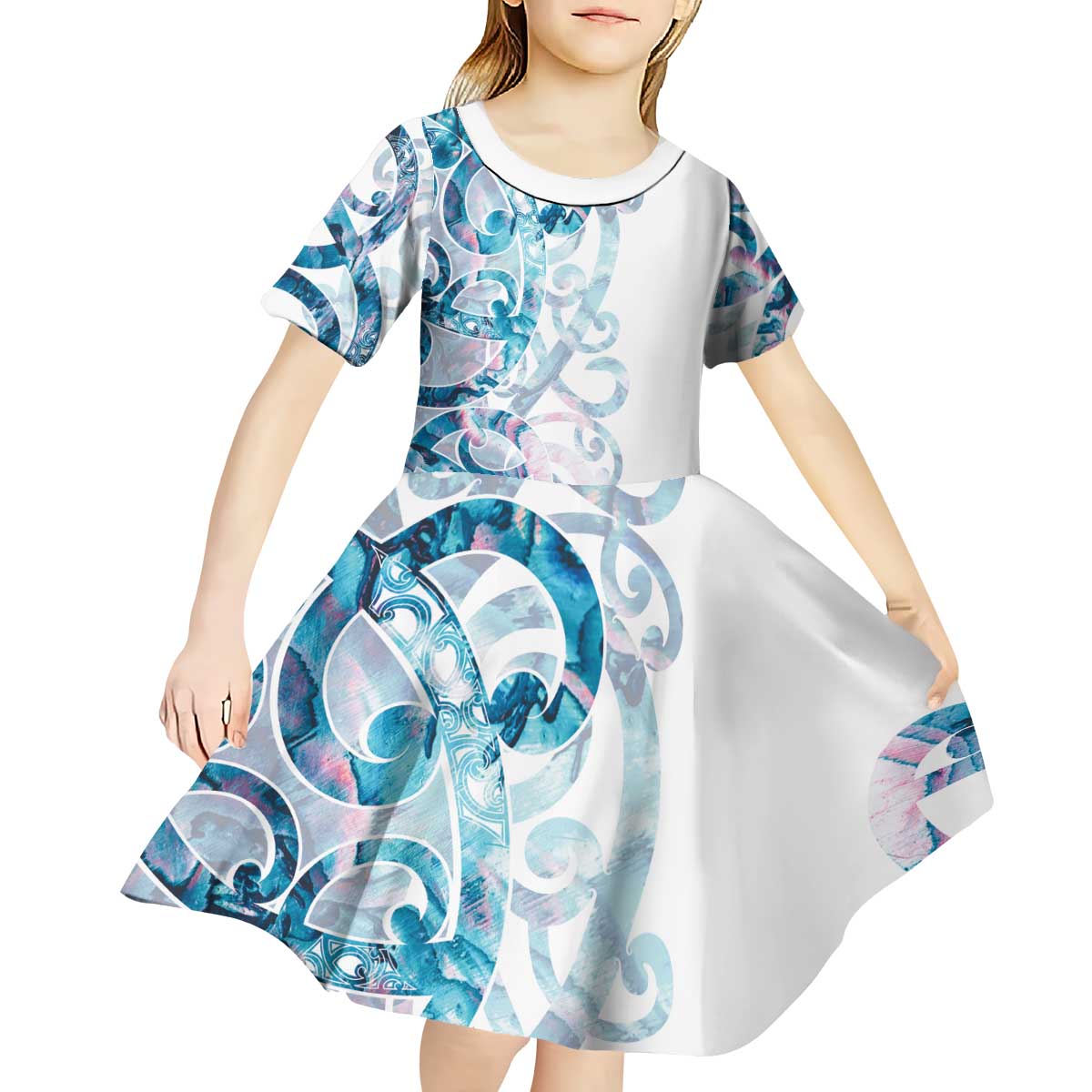 Turquoise Paua Shell Maori Kid Short Sleeve Dress Koru Kowhaiwhai - Polynesian Pride