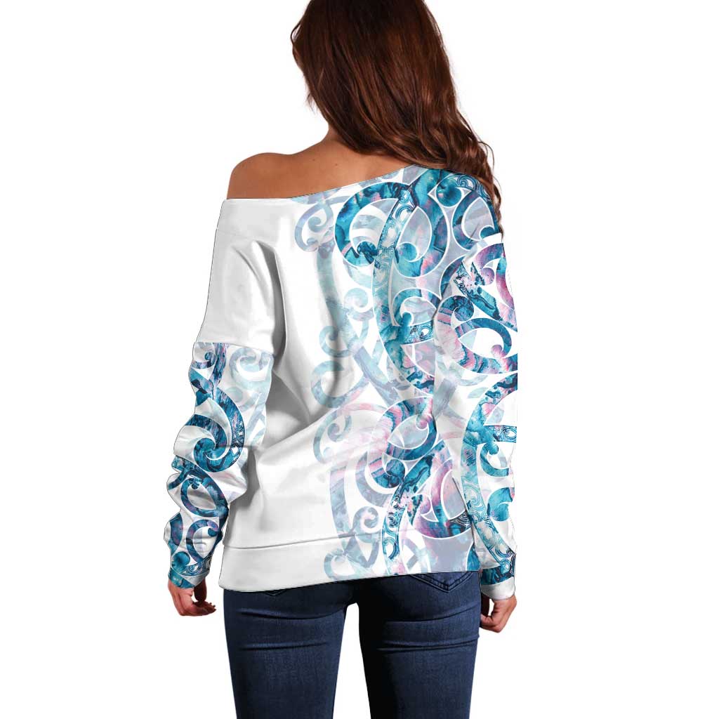 Turquoise Paua Shell Maori Off Shoulder Sweater Koru Kowhaiwhai - Polynesian Pride