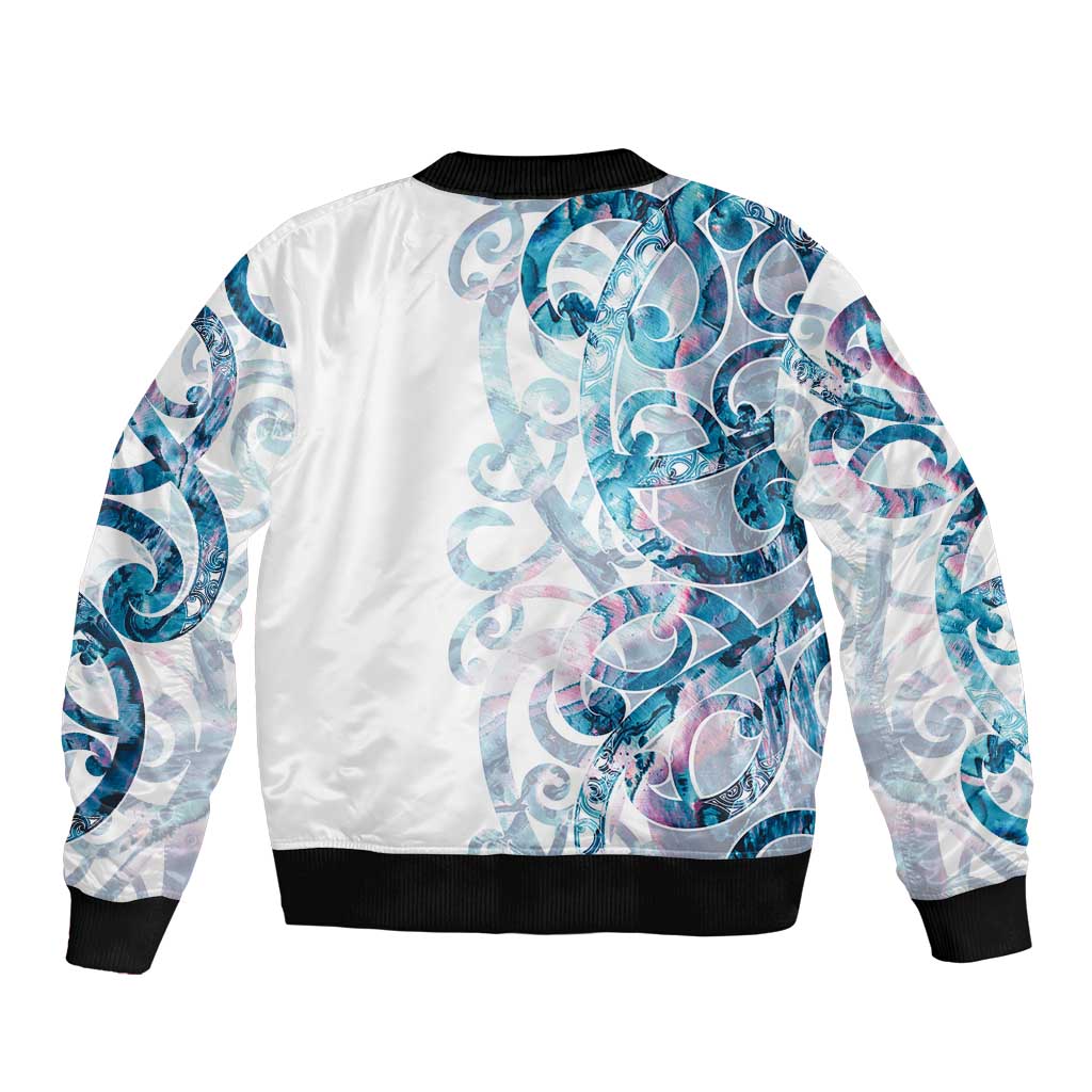 Turquoise Paua Shell Maori Sleeve Zip Bomber Jacket Koru Kowhaiwhai - Polynesian Pride
