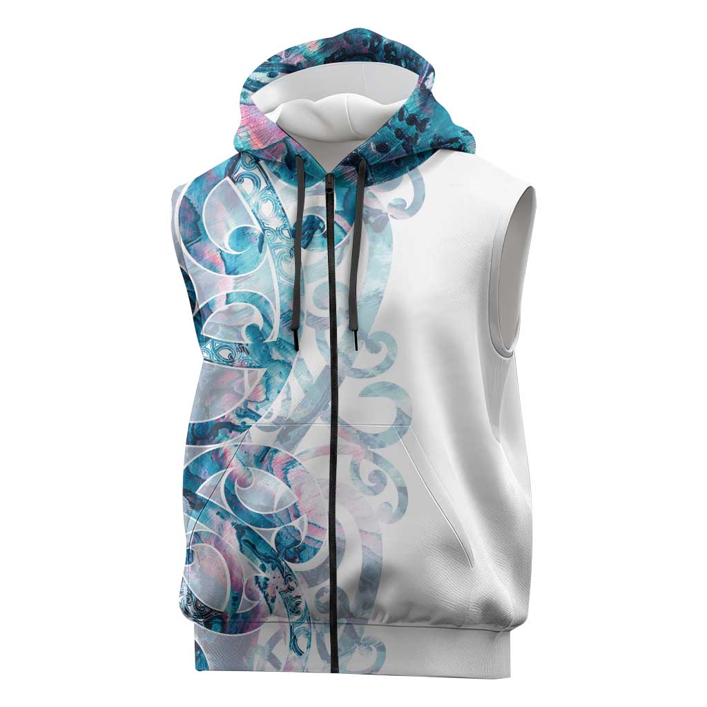 Turquoise Paua Shell Maori Sleeveless Zip Hoodie Koru Kowhaiwhai - Polynesian Pride