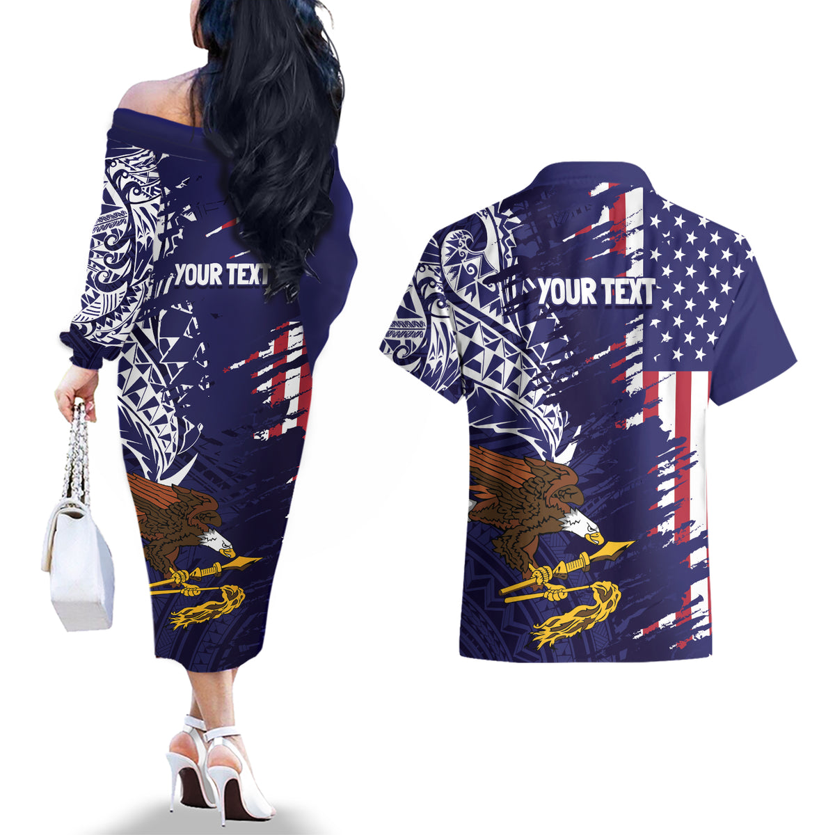 American Samoa Mix US Couples Matching Off The Shoulder Long Sleeve Dress and Hawaiian Shirt Flag Day Grunge Style LT7 - Polynesian Pride