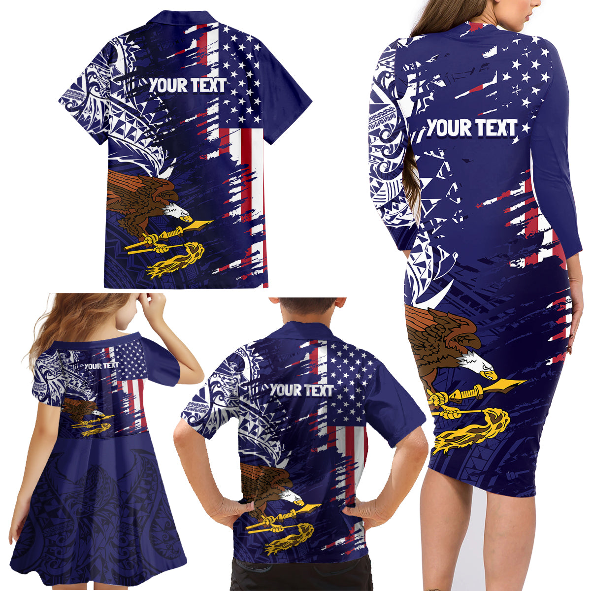 American Samoa Mix US Family Matching Long Sleeve Bodycon Dress and Hawaiian Shirt Flag Day Grunge Style LT7 - Polynesian Pride