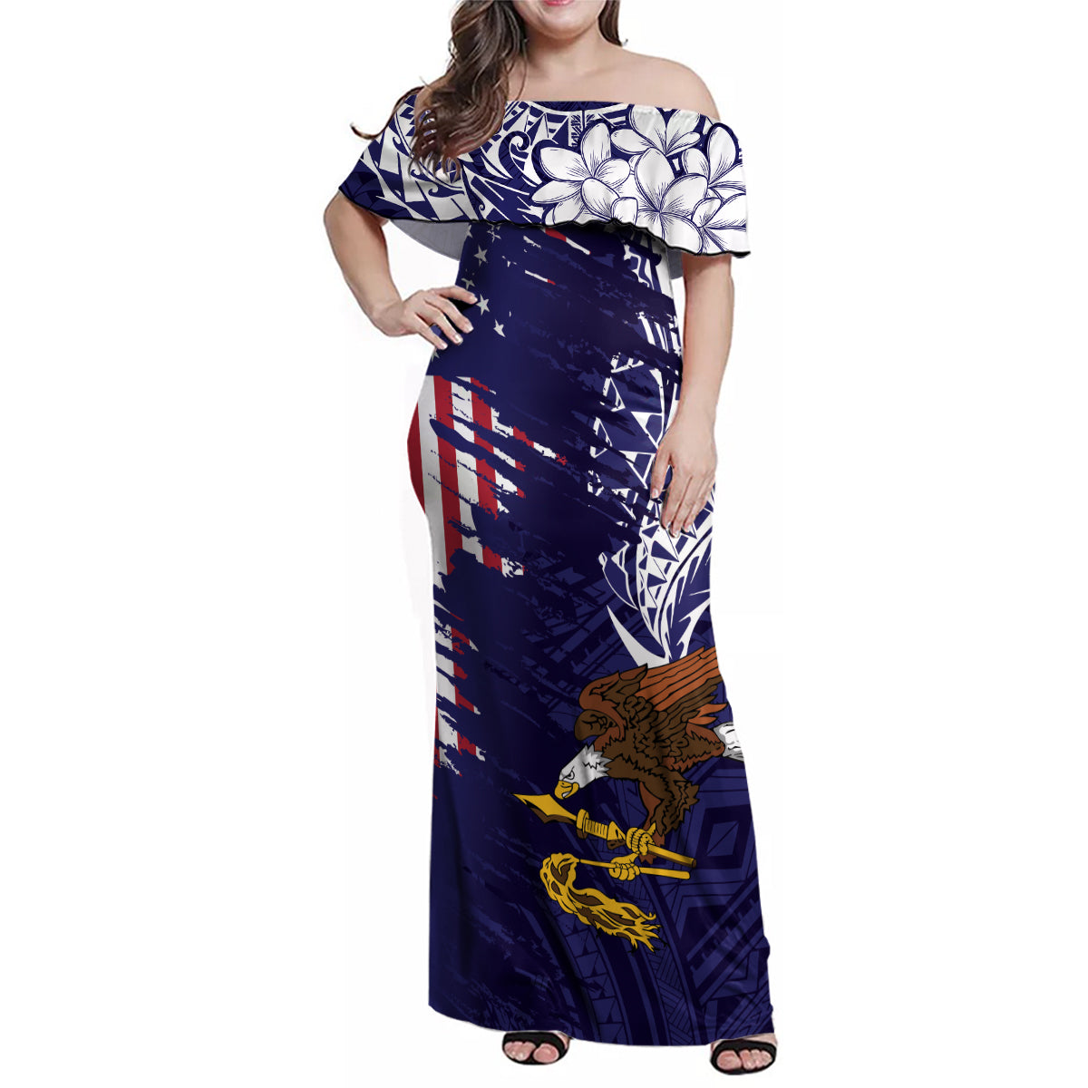 American Samoa Mix US Family Matching Off Shoulder Maxi Dress and Hawaiian Shirt Flag Day Grunge Style LT7 Mom's Dress Blue - Polynesian Pride