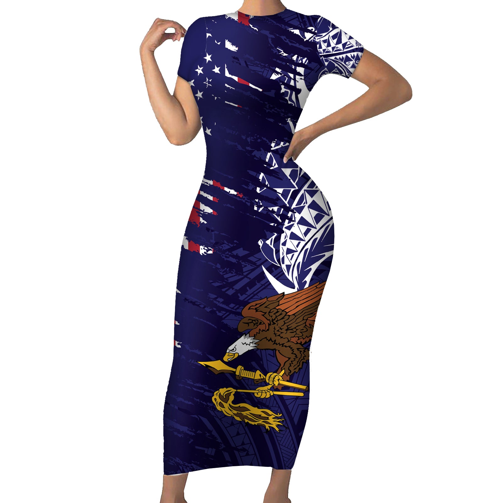 American Samoa Mix US Short Sleeve Bodycon Dress Flag Day Grunge Style LT7 Long Dress Blue - Polynesian Pride