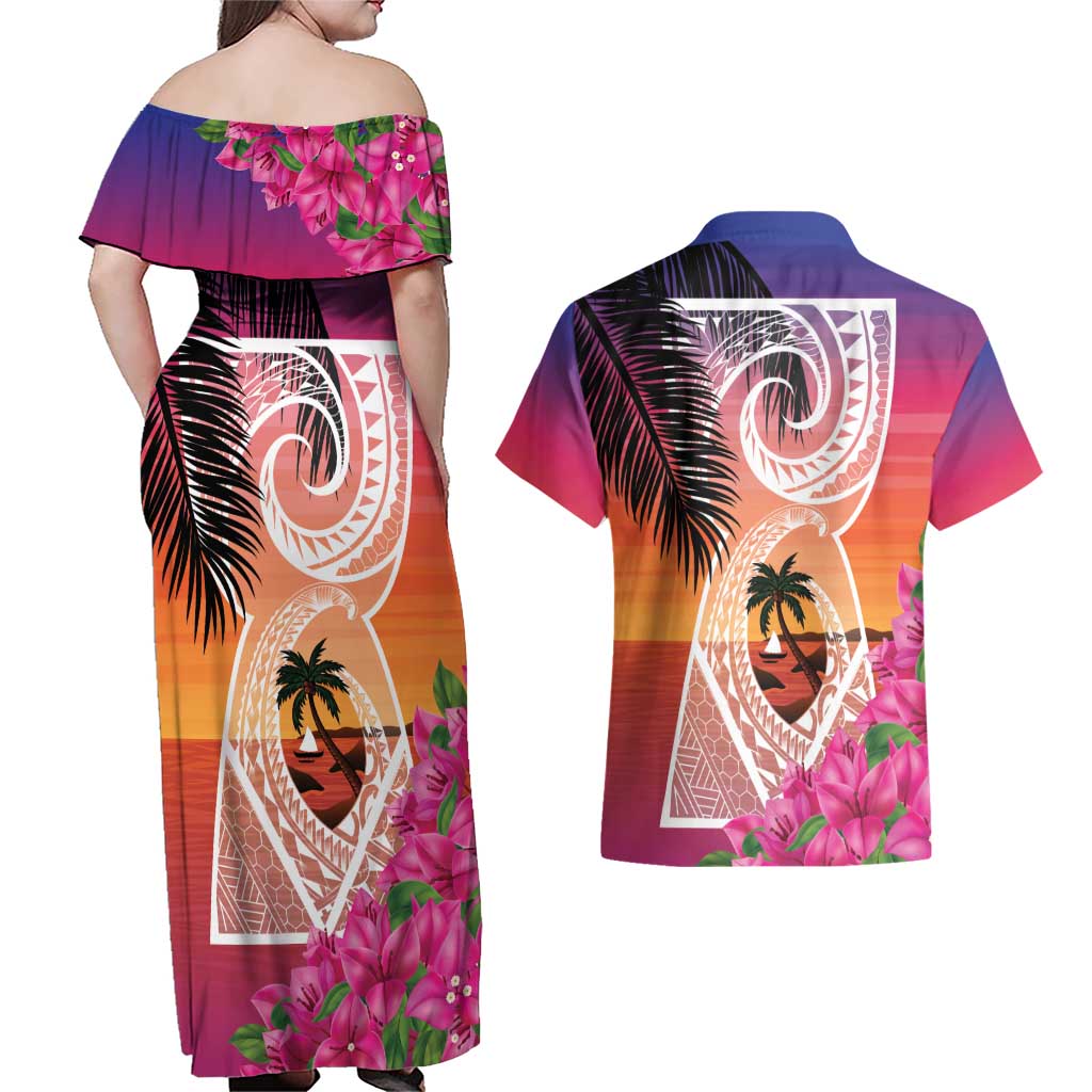 Guam Chamorro Couples Matching Off Shoulder Maxi Dress and Hawaiian Shirt Artsy Latte Stone