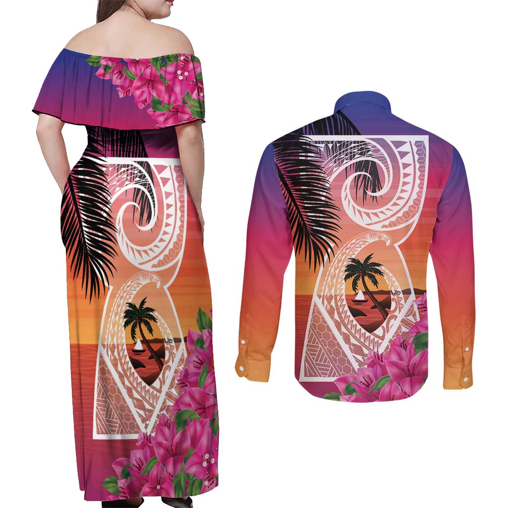 Guam Chamorro Couples Matching Off Shoulder Maxi Dress and Long Sleeve Button Shirt Artsy Latte Stone