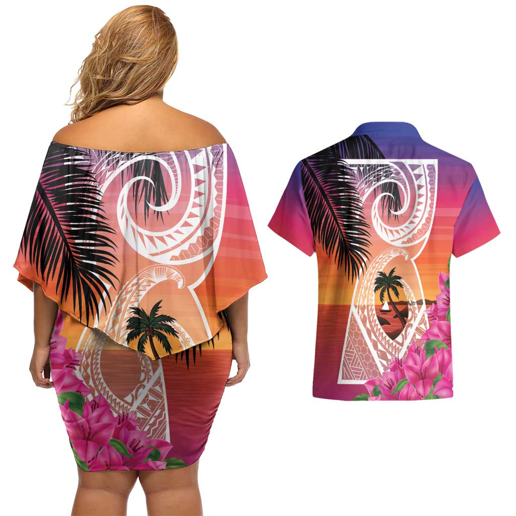 Guam Chamorro Couples Matching Off Shoulder Short Dress and Hawaiian Shirt Artsy Latte Stone
