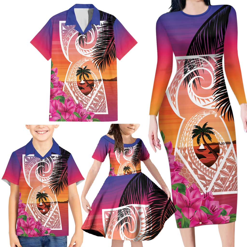 Guam Chamorro Family Matching Long Sleeve Bodycon Dress and Hawaiian Shirt Artsy Latte Stone