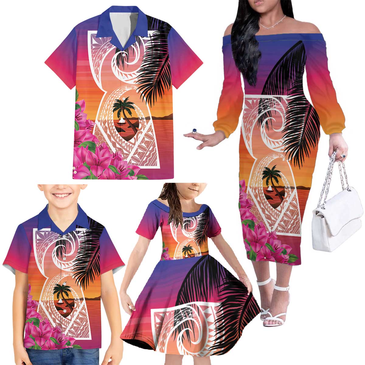 Guam Chamorro Family Matching Off The Shoulder Long Sleeve Dress and Hawaiian Shirt Artsy Latte Stone