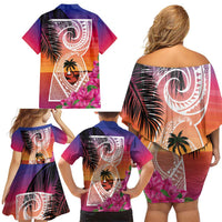 Guam Chamorro Family Matching Off Shoulder Short Dress and Hawaiian Shirt Artsy Latte Stone