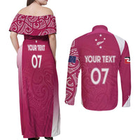 Personalised New Zealand Rugby Couples Matching Off Shoulder Maxi Dress and Long Sleeve Button Shirt Aotearoa Champions - Pink Version