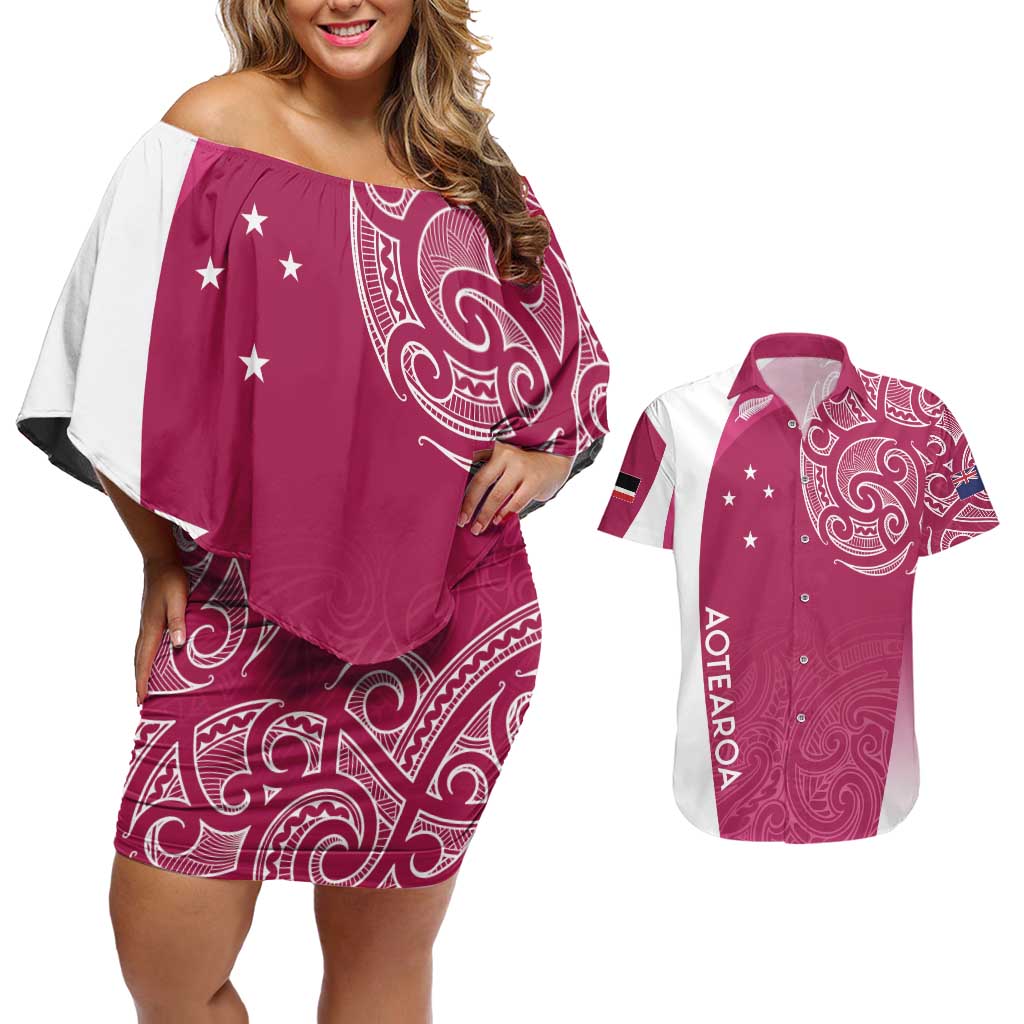 Personalised New Zealand Rugby Couples Matching Off Shoulder Short Dress and Hawaiian Shirt Aotearoa Champions - Pink Version