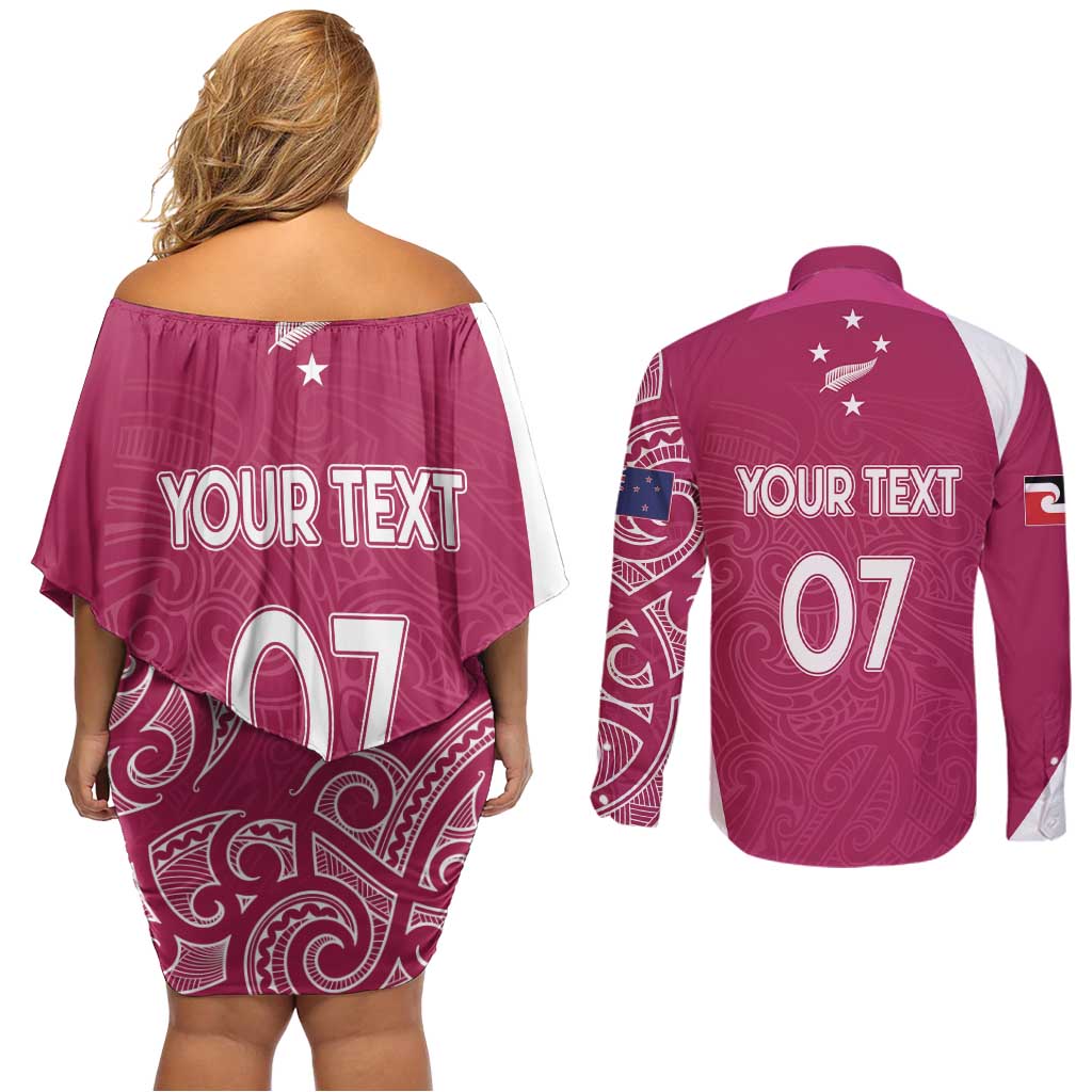 Personalised New Zealand Rugby Couples Matching Off Shoulder Short Dress and Long Sleeve Button Shirt Aotearoa Champions - Pink Version