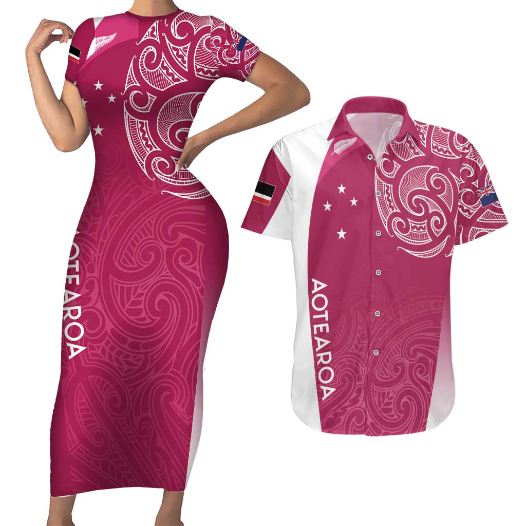Personalised New Zealand Rugby Couples Matching Short Sleeve Bodycon Dress and Hawaiian Shirt Aotearoa Champions - Pink Version