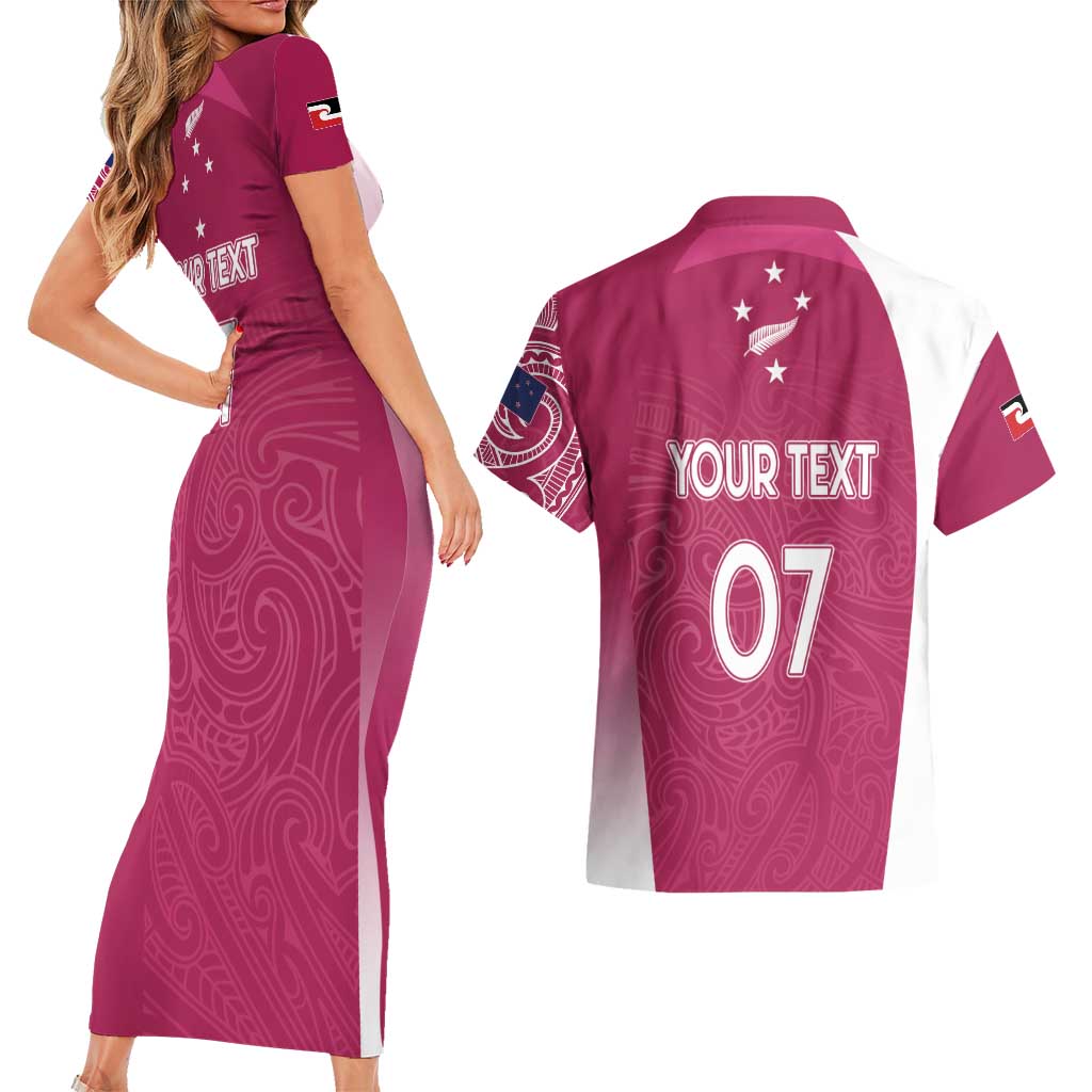 Personalised New Zealand Rugby Couples Matching Short Sleeve Bodycon Dress and Hawaiian Shirt Aotearoa Champions - Pink Version