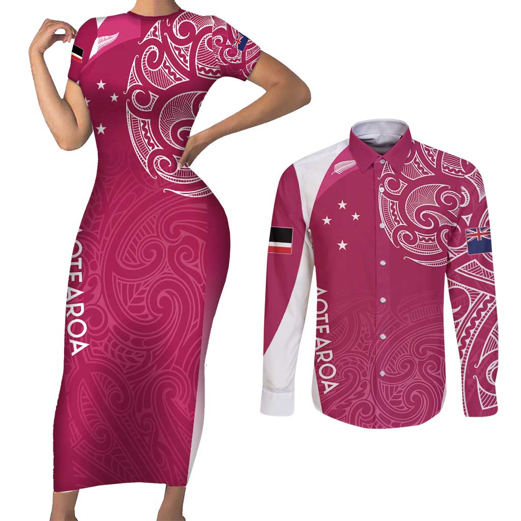 Personalised New Zealand Rugby Couples Matching Short Sleeve Bodycon Dress and Long Sleeve Button Shirt Aotearoa Champions - Pink Version